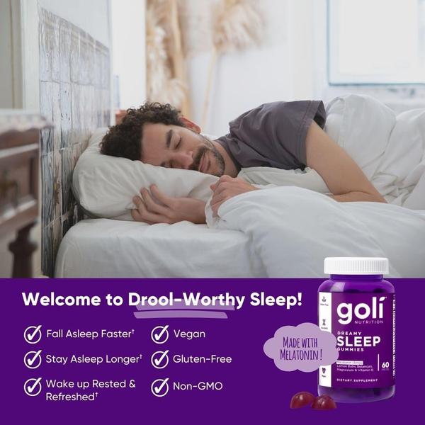 A split-composition ad showing a relaxed sleeping man paired with a prominent, benefit-focused callout for sleep gummies.